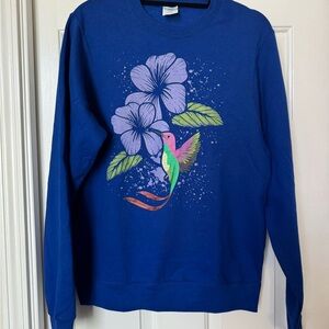 Port and Company Blue Sweatshirt with Floral and Hummingbird Design